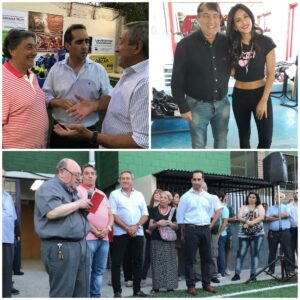 El intendente Taglaferro en la inauguración de la cancha de césped sintético; Celeste Muriega junto al presidente Calabria y el momento de la bendicion del club a cargo del padre Trozt.