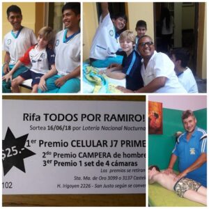 Arriba: El equipo de Ronald Mora con Rami en Salta; abajo, la actualidad del pequeño de Castelar que incluye la rifa que pueda llevarlo de vuelta al lugar de la rehabilitación y su masoterapeuta actual, David.