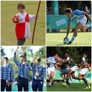 Matteo x 4: en sus inicios, como mini rugbier de Matreros; hoy como Pumita, medallista olímpico y en plena acción de juego